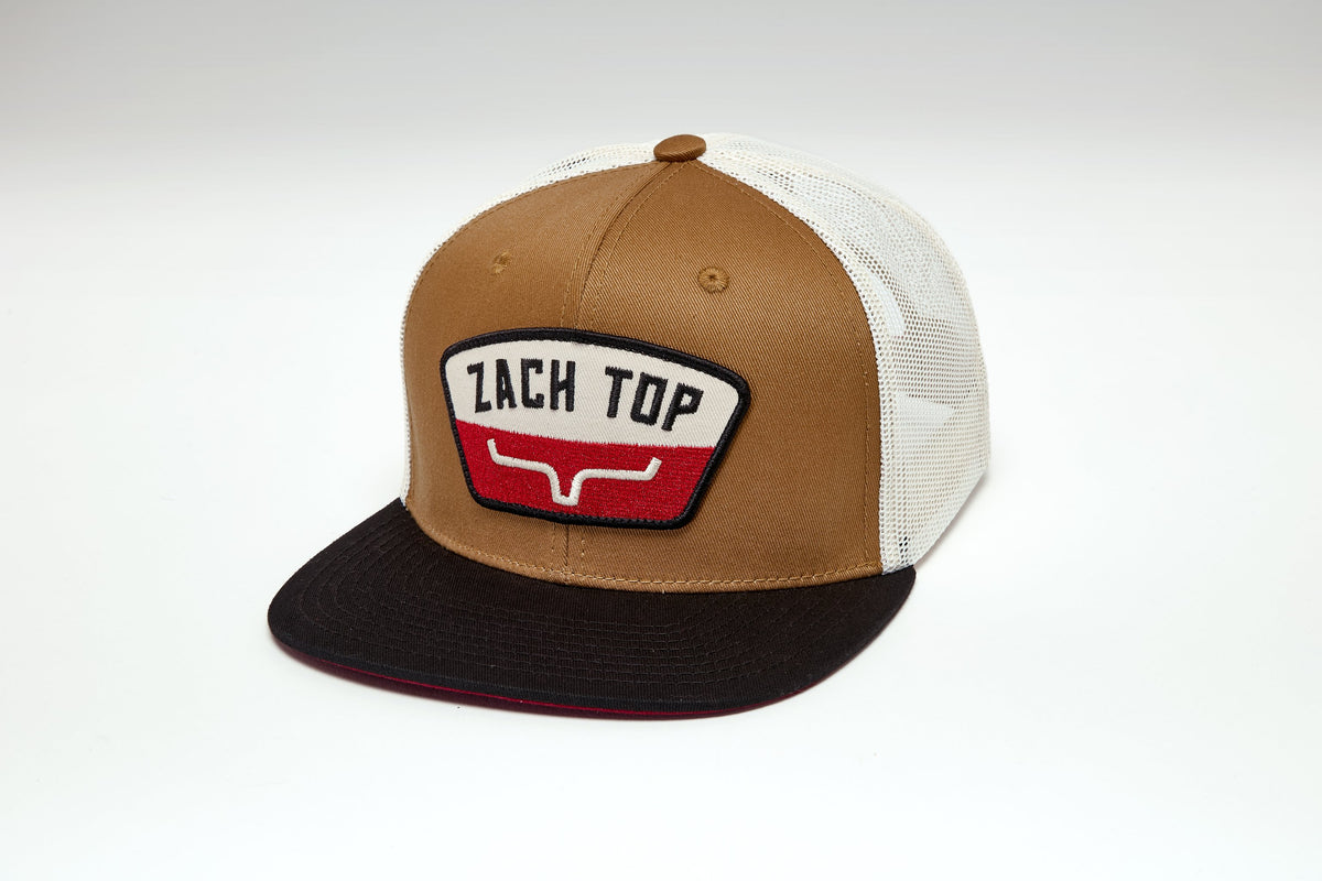 Kimes Ranch ZT Bodega WW Brown washed brown and cream mesh back trucker cap with black flat brim and embroidered Zach Top patch rodeo Utah SKU UHA0000257BN002