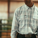 Poncho Mens Billings Shirt long sleeve shirt in a teal and white plaid snap up shirt at boltranchstore.com mens western pearl snap button up