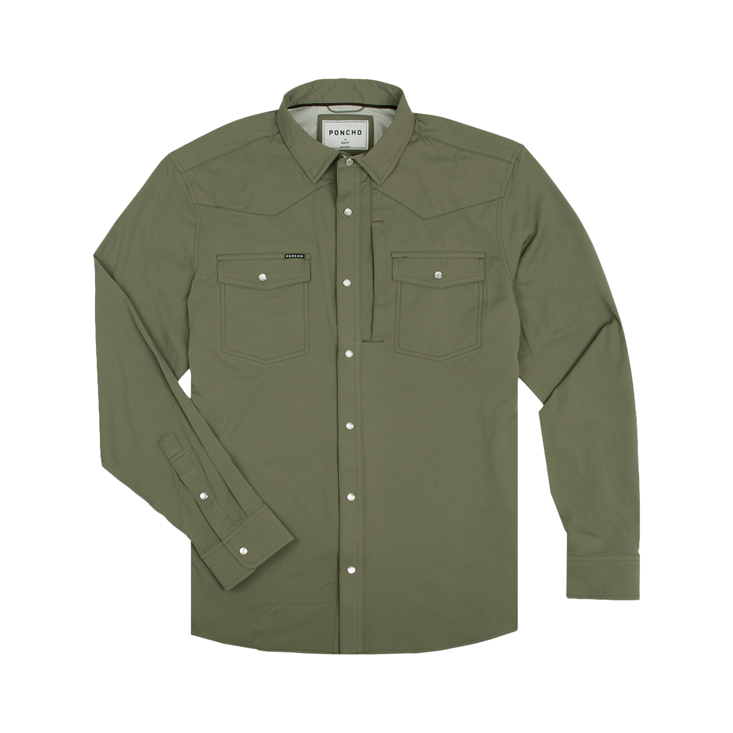 green nylon shirt western Poncho Outdoors button up pearl buttons collar moss green The Brazos at boltranchstore.com