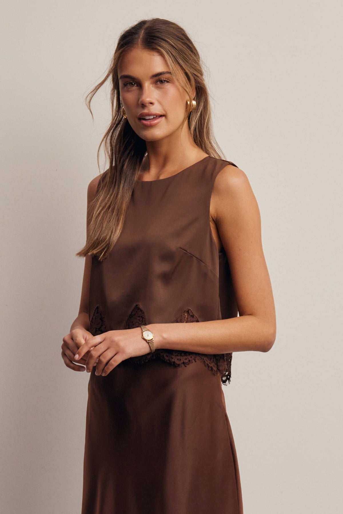 Listicle Satin Lace Hem Sleeveless Top Mocha scalloped satin edges flowing into a sheer lace panel