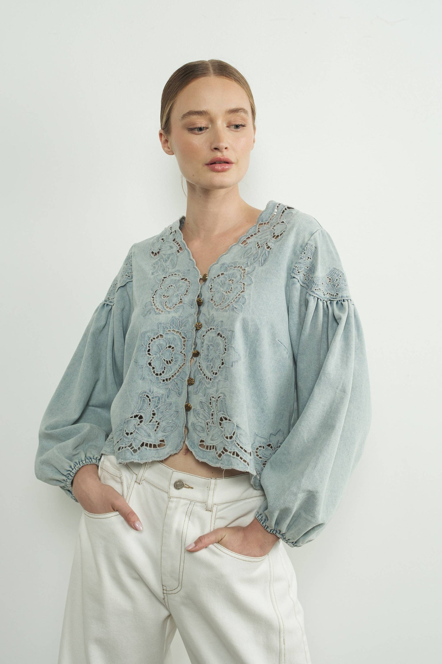 Denim Emb Volume Sleeve Blouse