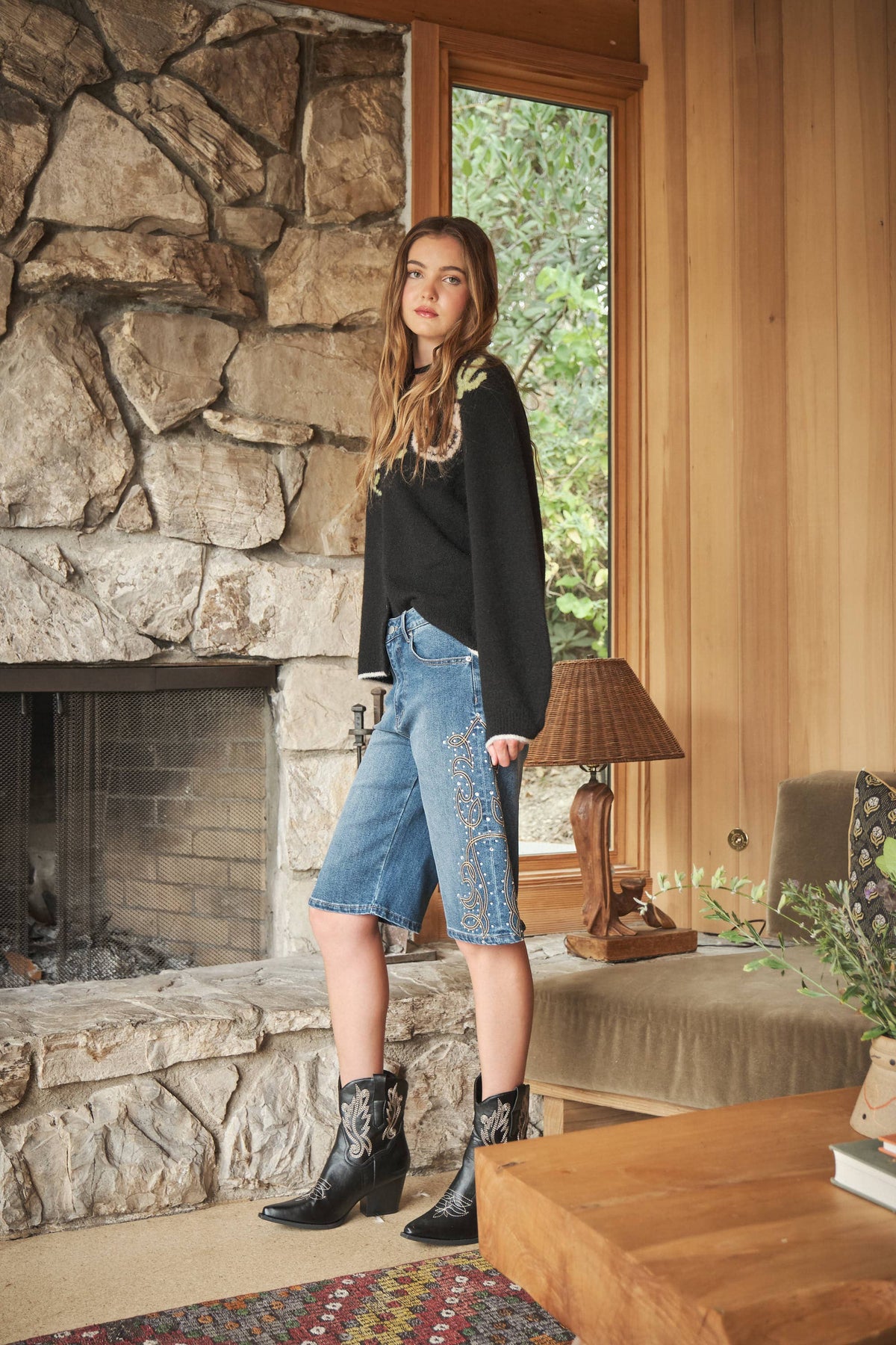 Blue B Western Graphic Sweater Cardigan Charcoal round neckline and button front closure cowgirl fashion