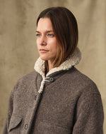 Filson Womens Kodiak Shawl Collar Coat Khaki Heather Stripe collar fastens at the throat when the wind picks up cowgirl outerwear