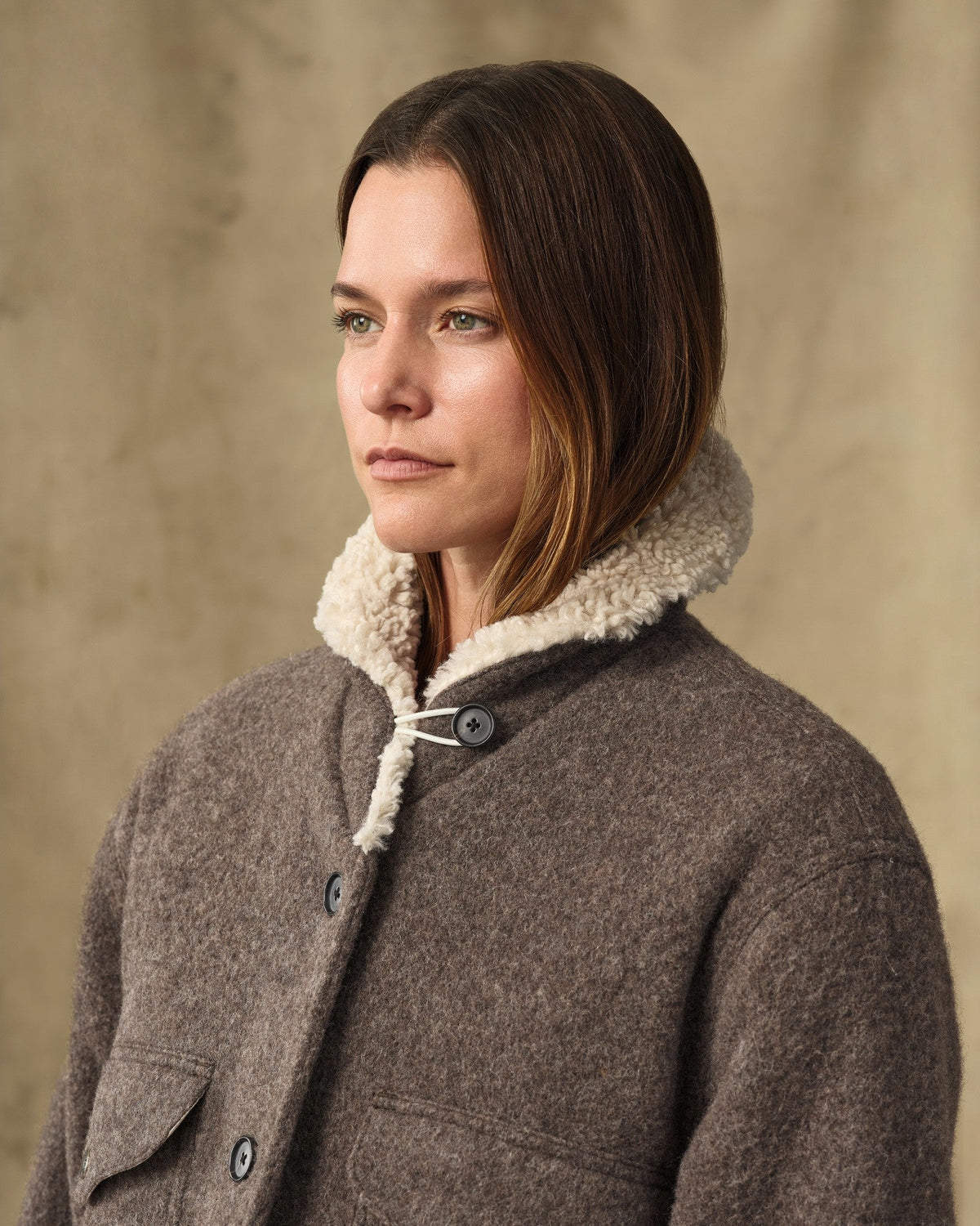 Filson Womens Kodiak Shawl Collar Coat Khaki Heather Stripe collar fastens at the throat when the wind picks up cowgirl outerwear
