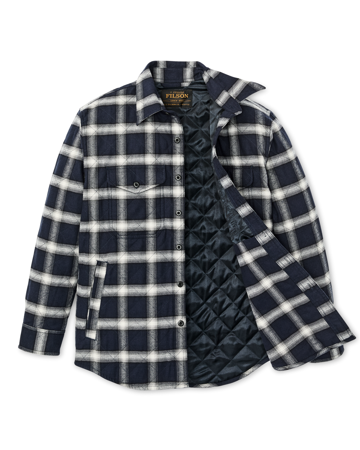 Filson Insulated Flannel Jac Shirt Navy Cream Plaid low set welted hand pockets for warming hands ranch wear Park City