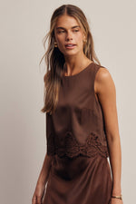 Listicle Satin Lace Hem Sleeveless Top Mocha polyester and spandex satin fully lined through the body