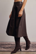 Womens fashion rodeo western clothing Utah Faux Leather A Line Midi Skirt Dark Brown SKU FSK0026DBR Boltranchstore.com free shipping
