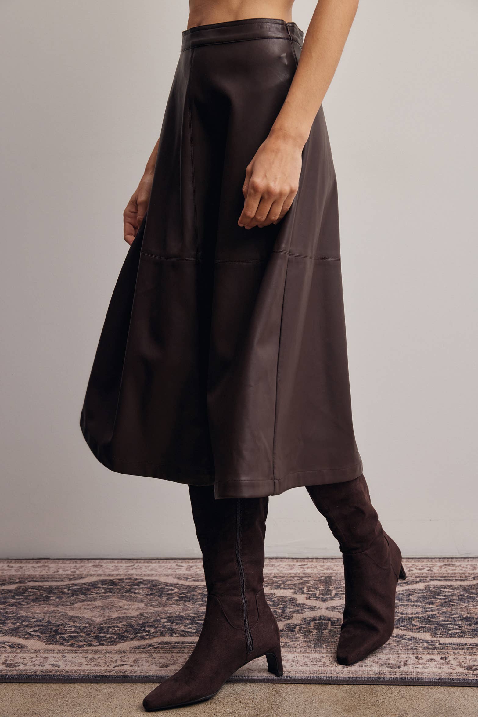 Womens fashion rodeo western clothing Utah Faux Leather A Line Midi Skirt Dark Brown SKU FSK0026DBR Boltranchstore.com free shipping