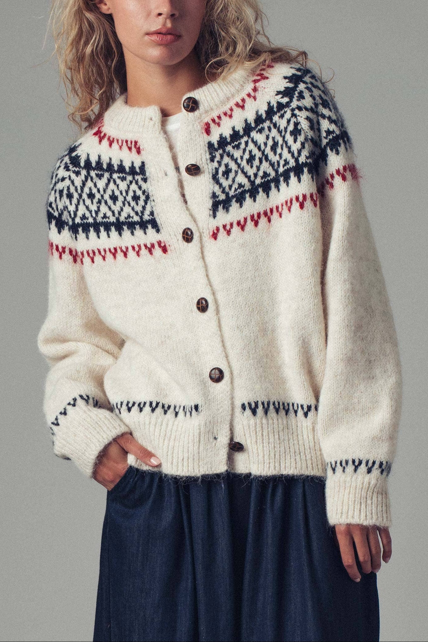 Fair Isle Nordic Knit Cardigan white cream womens winter sweater cardigan Boltranchstore.com