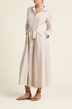 Trovata Emmelie Dress Carmel Stripe elongating midi hemline styled for everyday western wear cowgirl Kamas