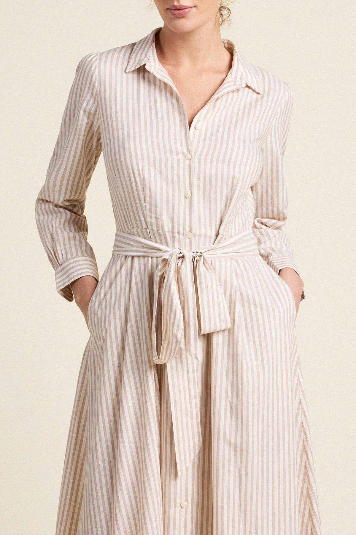 Trovata Emmelie Dress Carmel Stripe full button front placket running the length of the dress ranch wear