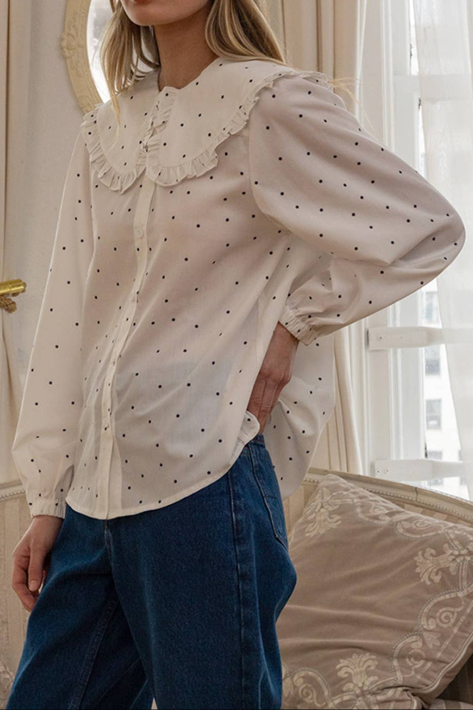 Paulie Polka Dot Ruffle Collar Blouse