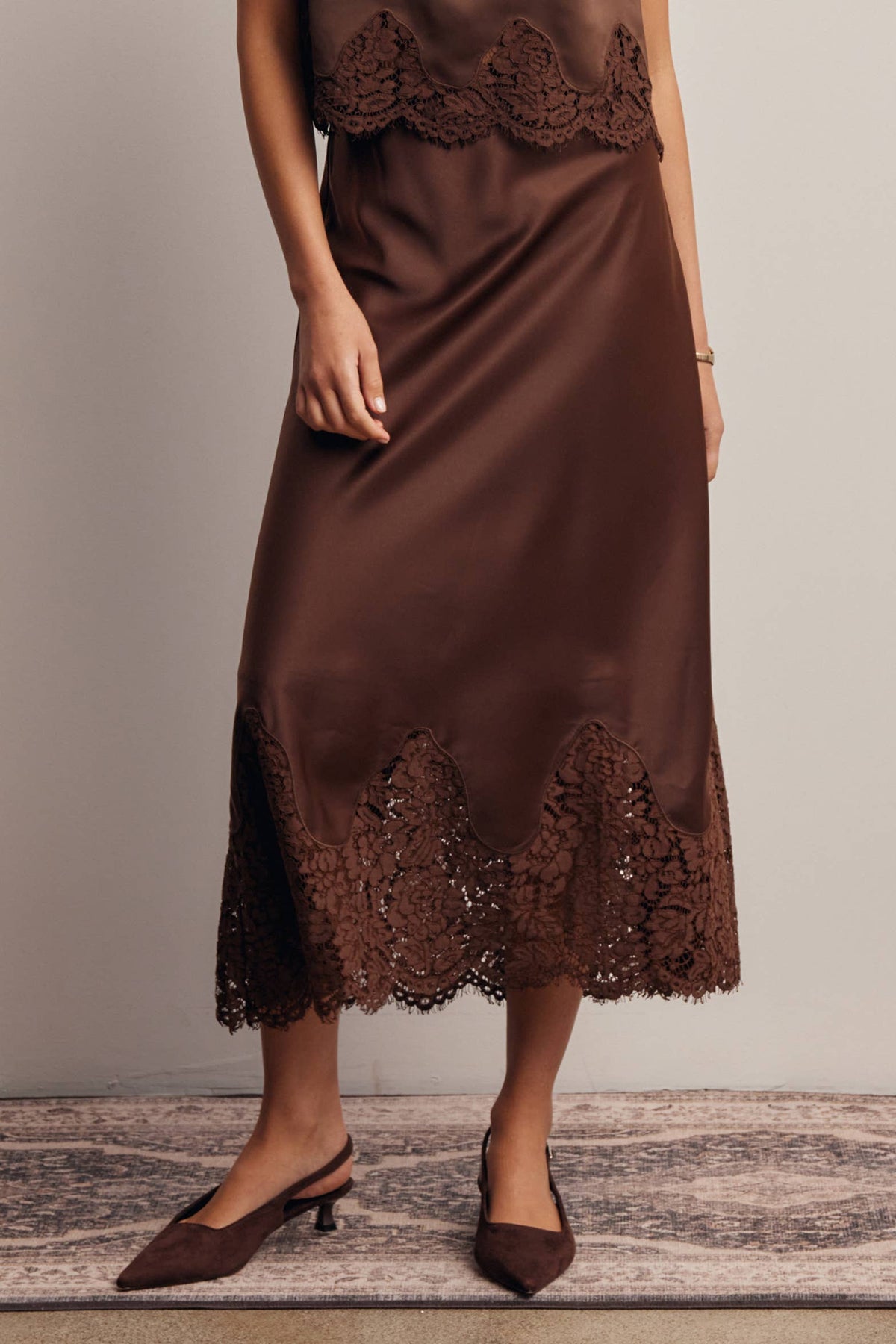 Listicle Stretch Satin Lace Trim Maxi Skirt Mocha wide scalloped lace panels along the lower skirt cowgirl style