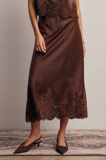 Listicle Stretch Satin Lace Trim Maxi Skirt Mocha wide scalloped lace panels along the lower skirt cowgirl style