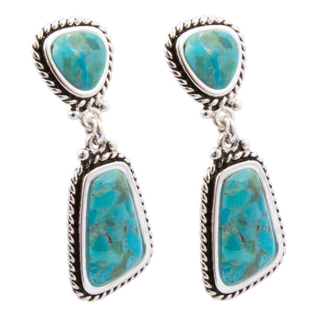 Double Blue Turquoise Silver Drop Earrings