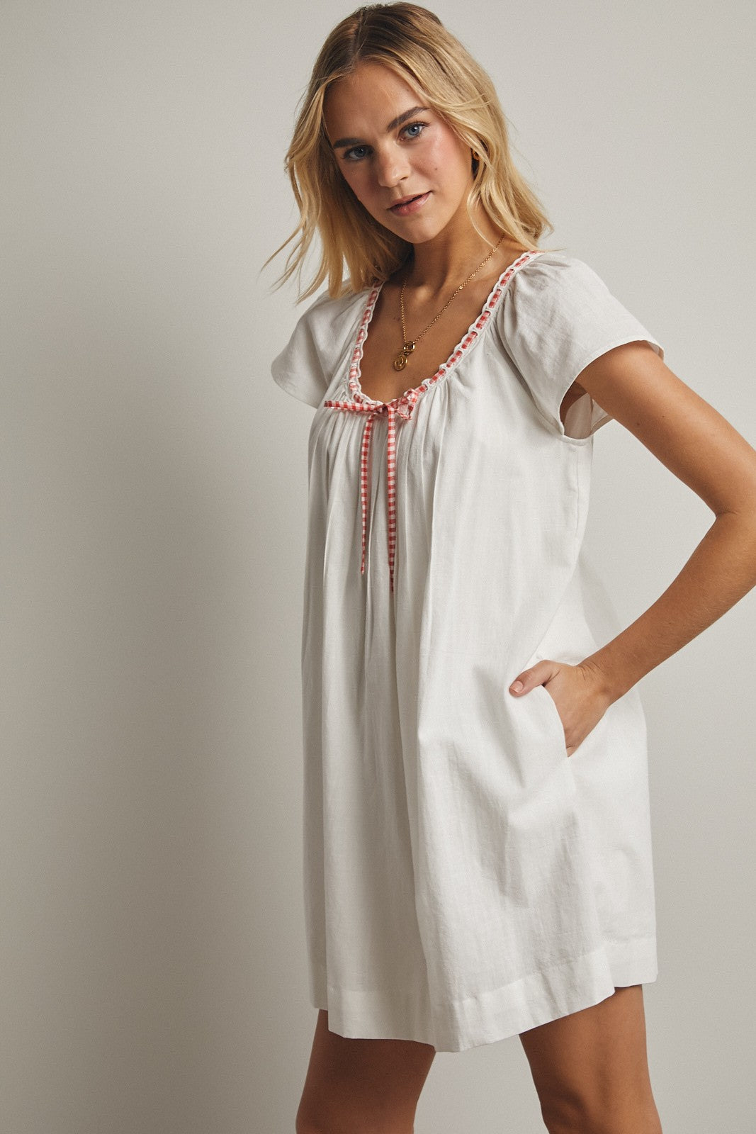 Laural Gingham Trim Tie Dress