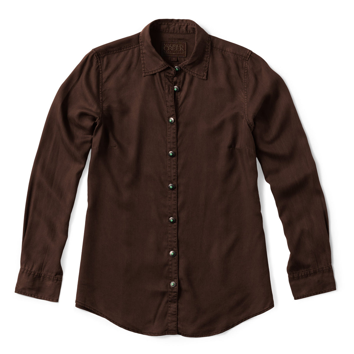 Madison Creek Outfitters Claire Signature Blend Button Up Shirt Coffee dark brown cotton lyocell linen button up with classic collar womens western clothing Utah SKU CLAIRE25COF