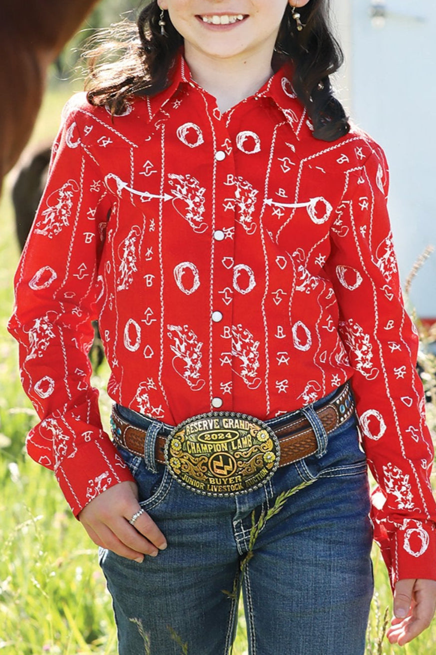 Cinch Girls Cattle Brand Snap Shirt order at boltranchstore.com red rodeo kids western shirt free shipping