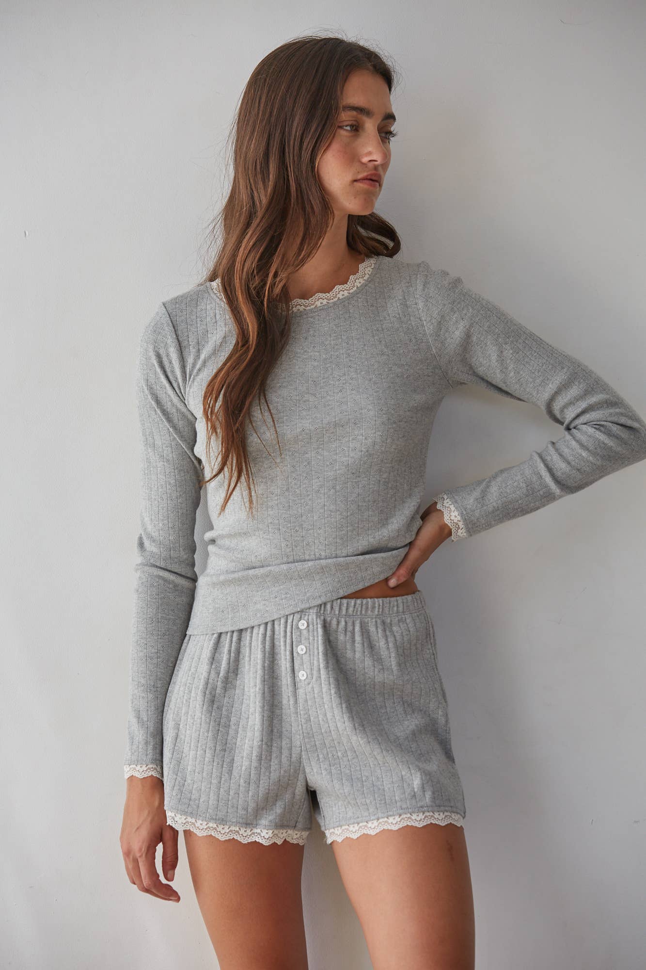Knit Cotton Pointelle Long Sleeve Pullover