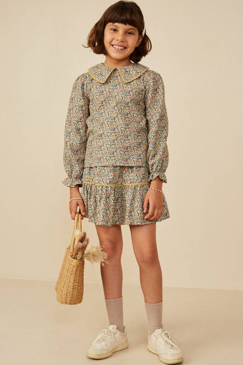 Girls Wavy Twill Trimmed Peter Pan Collar Top
