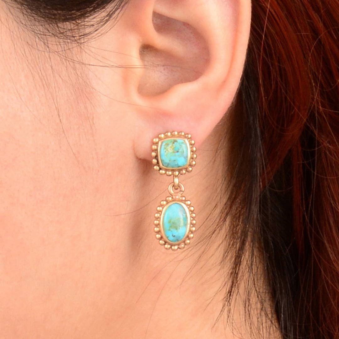 Refined Blue Turquoise Double Drop Golden Earrings
