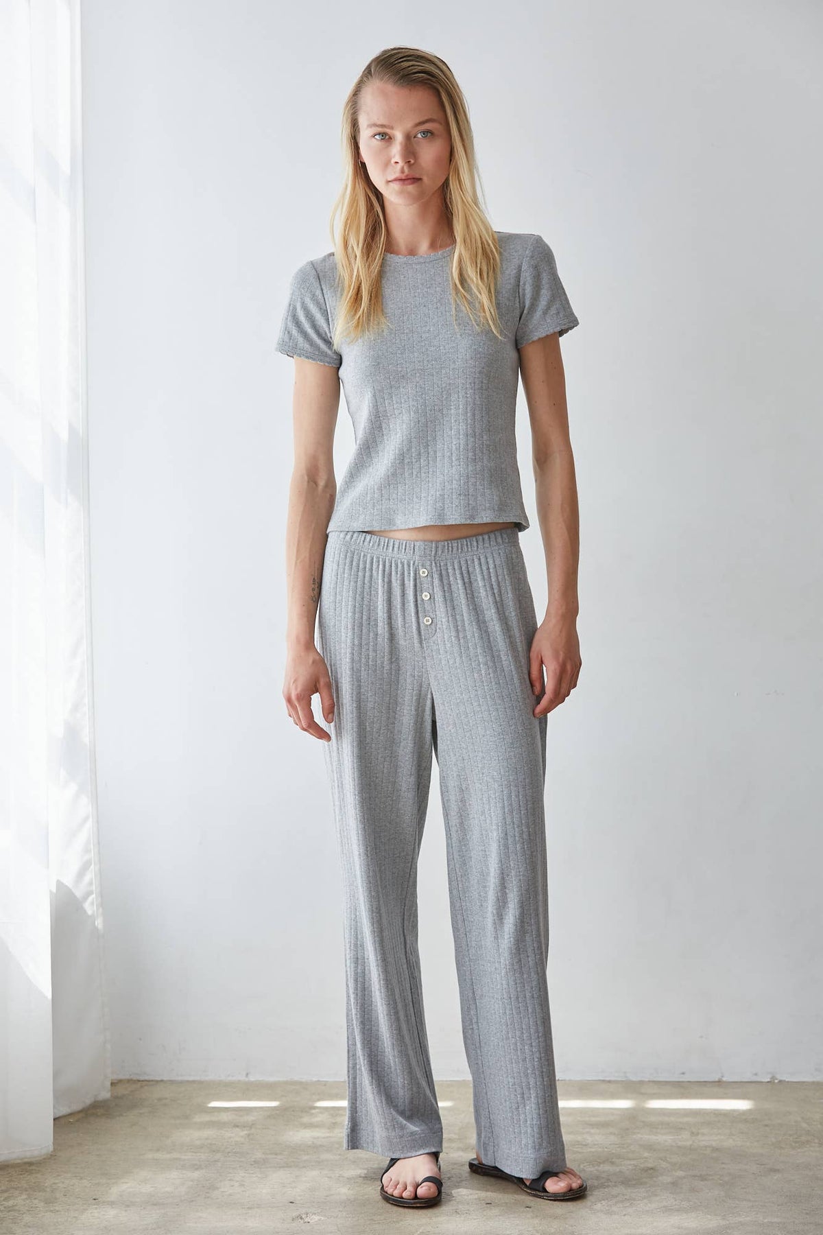By Together Knit Cotton Pointelle Short Sleeve Top knit cotton pointelle texture with a classic round neckline