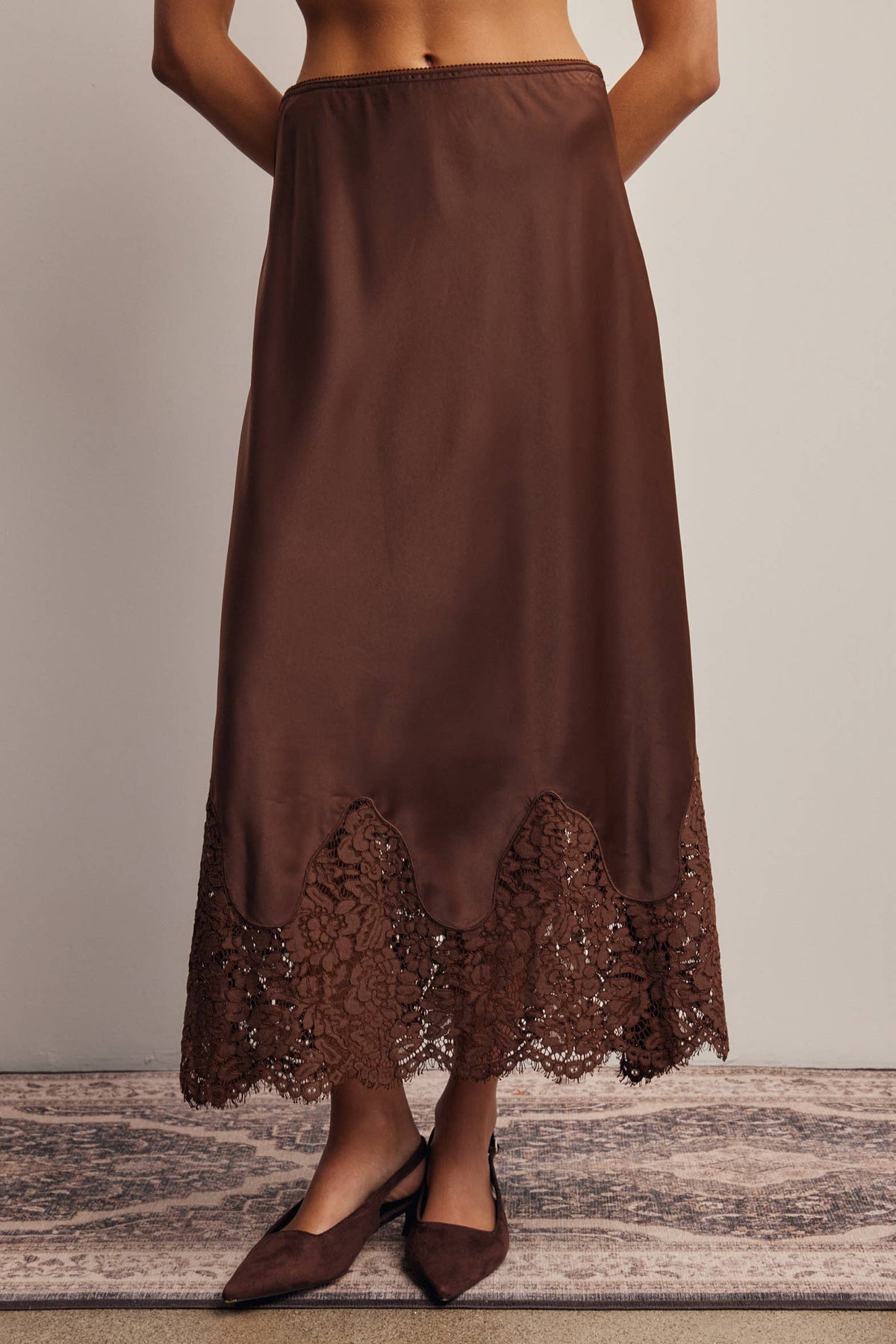 Listicle Stretch Satin Lace Trim Maxi Skirt Mocha discreet side zipper closure for a clean streamlined look