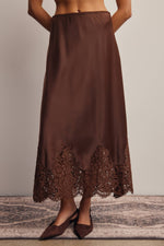 Listicle Stretch Satin Lace Trim Maxi Skirt Mocha discreet side zipper closure for a clean streamlined look