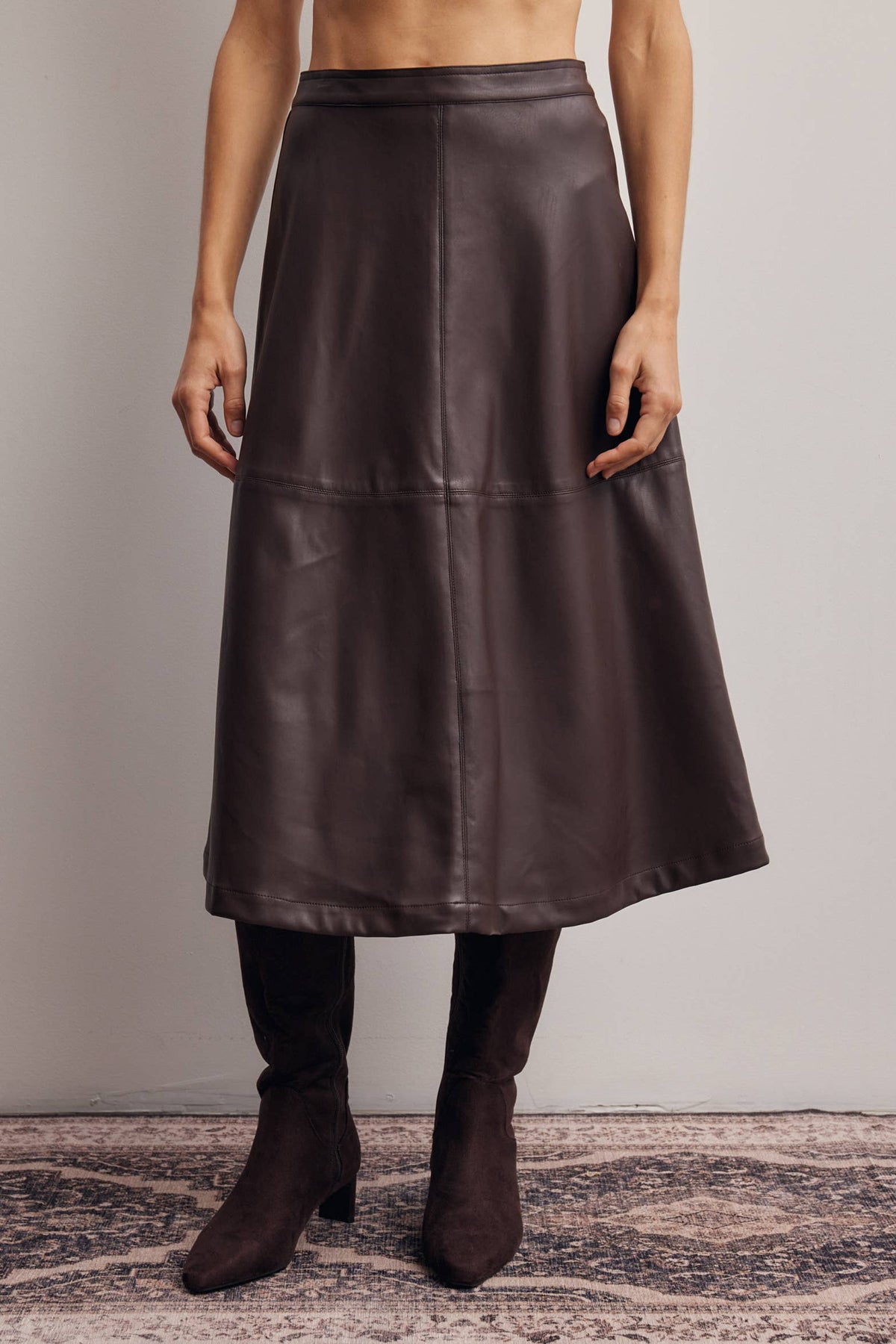 Western clothing womens fashion rodeo Faux Leather A Line Midi Skirt Dark Brown SKU FSK0026DBR Boltranchstore.com free shipping