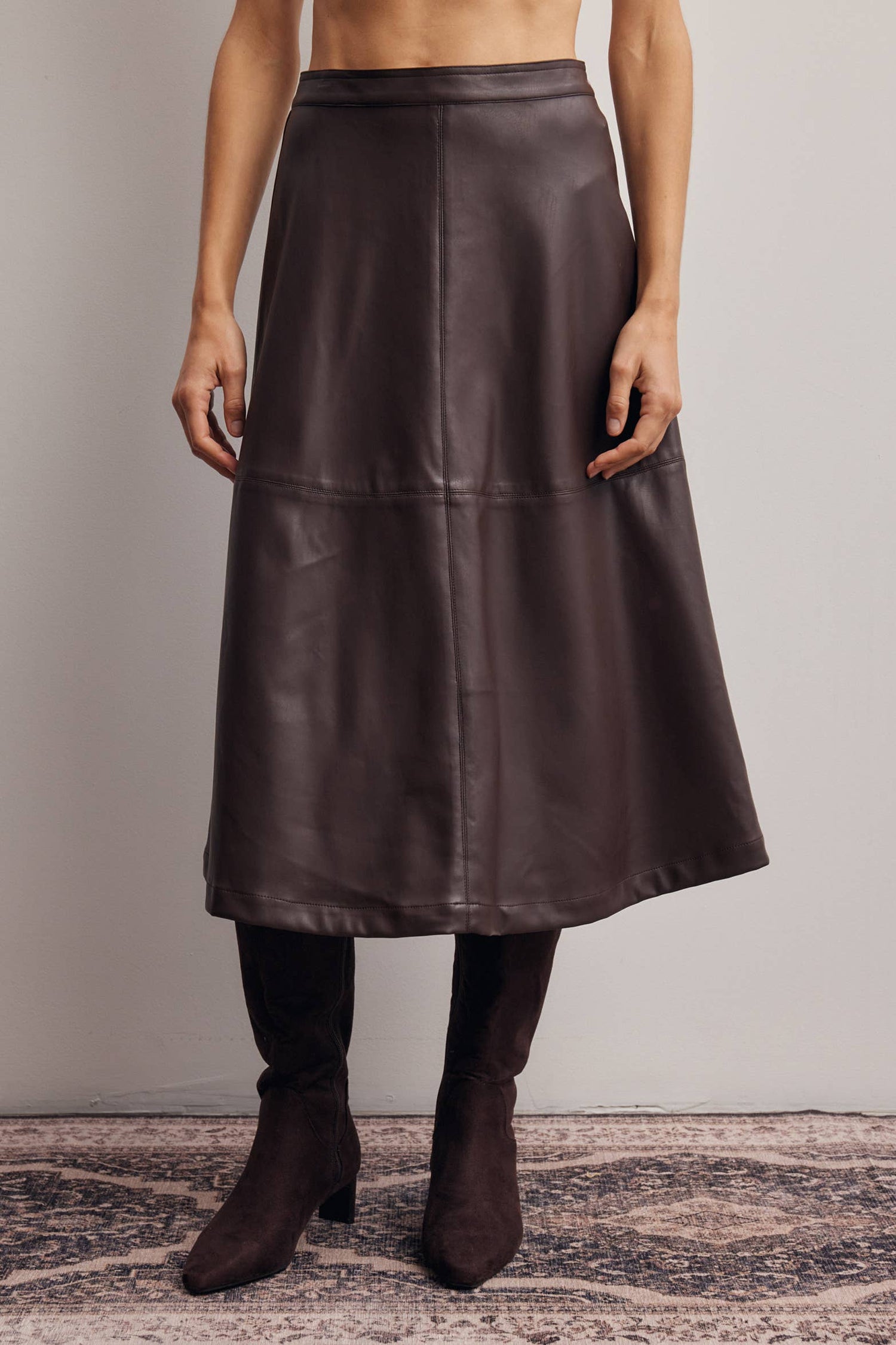 Western clothing womens fashion rodeo Faux Leather A Line Midi Skirt Dark Brown SKU FSK0026DBR Boltranchstore.com free shipping