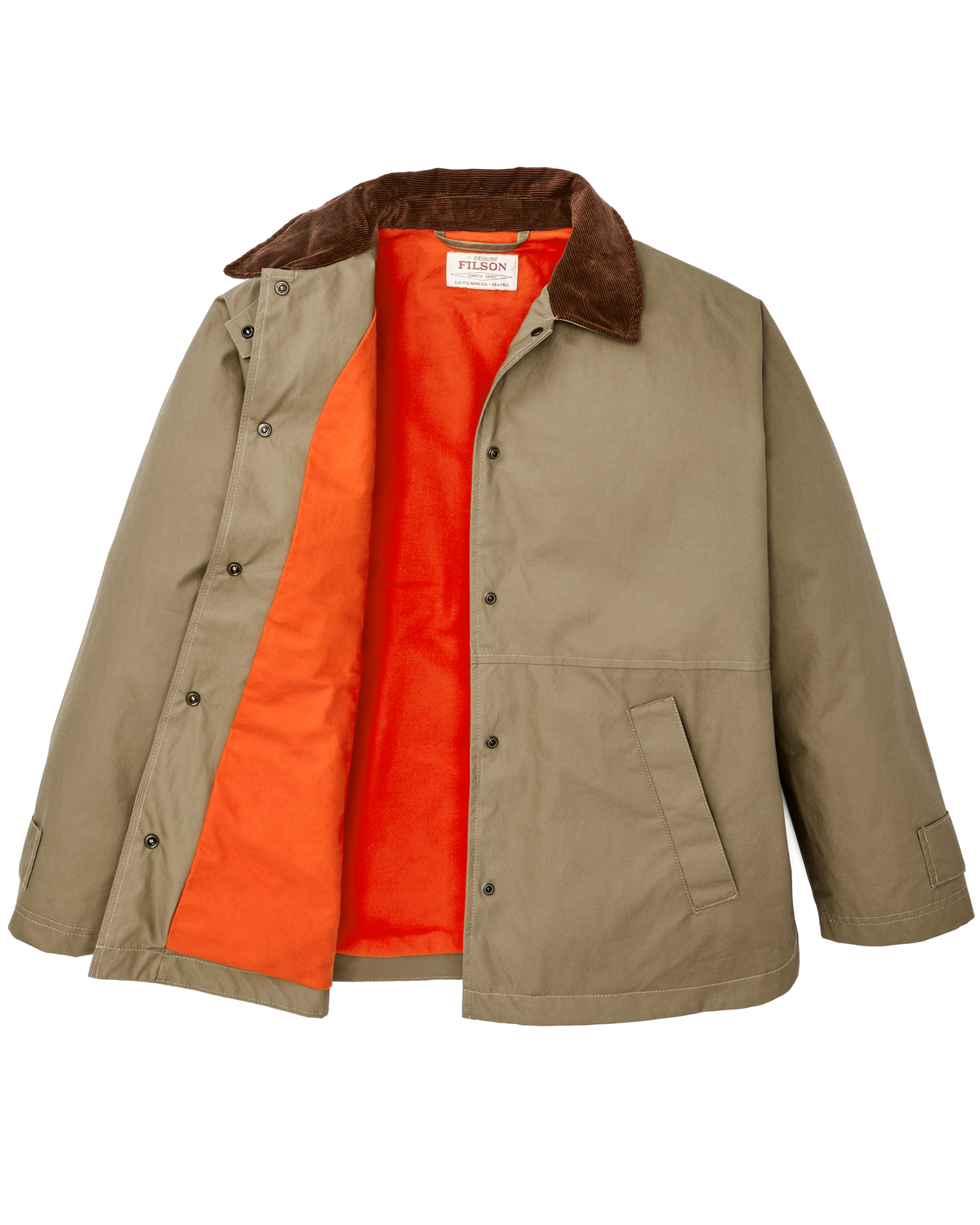 Filson Womens Harbor Front Waxed Jacket Marsh Tan adjustable snap tab cuffs that close out wind western fashion