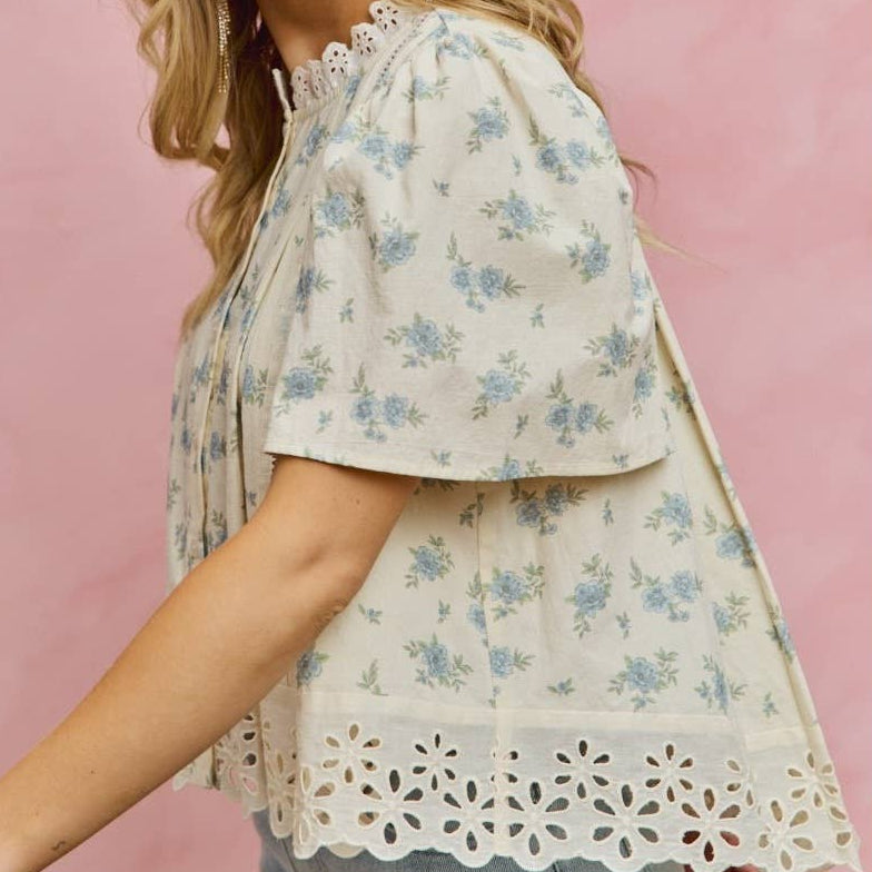 Isla Floral Lace Trim Flutter Sleeve Top