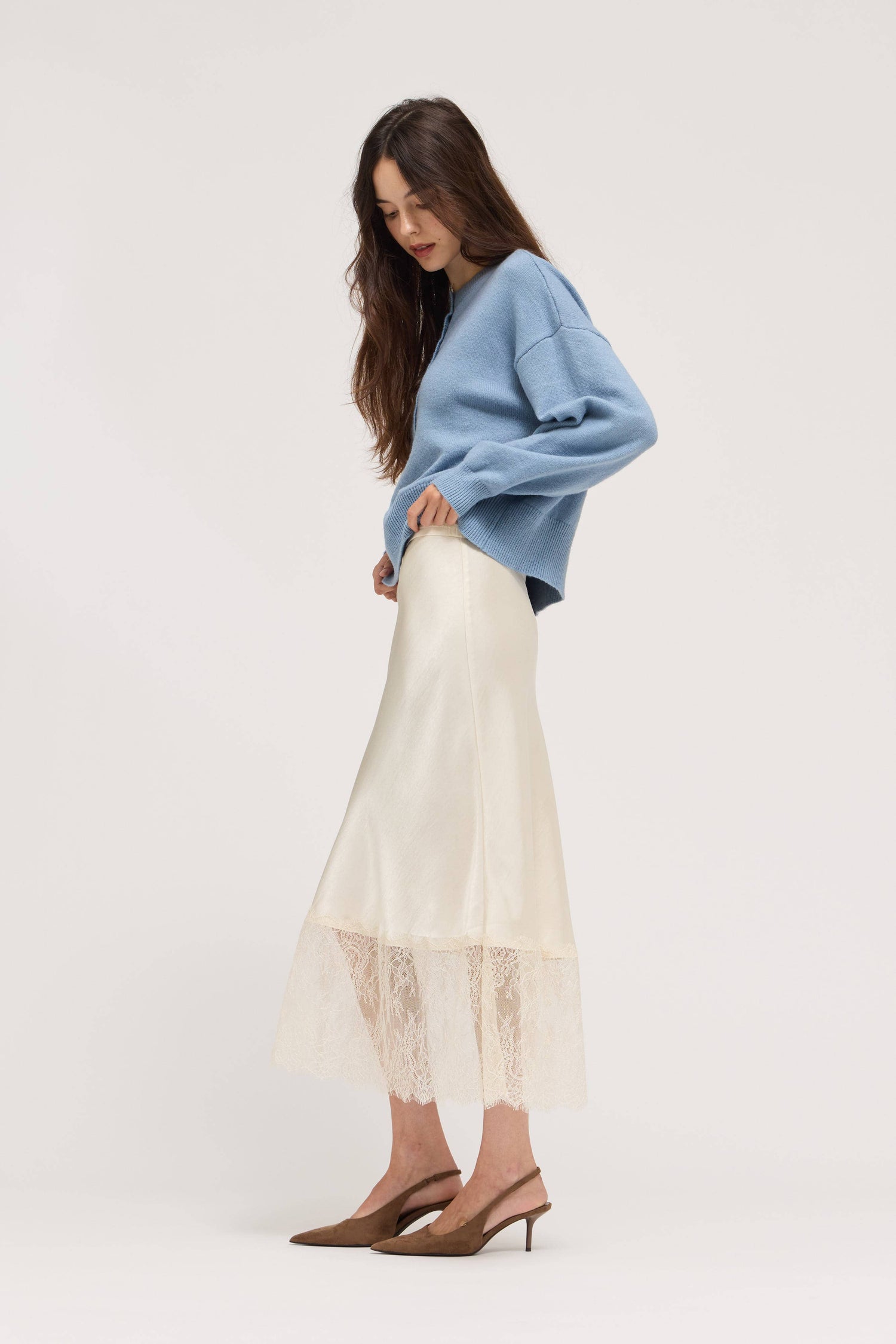 Emily Lace Trim Midi Satin Skirt
