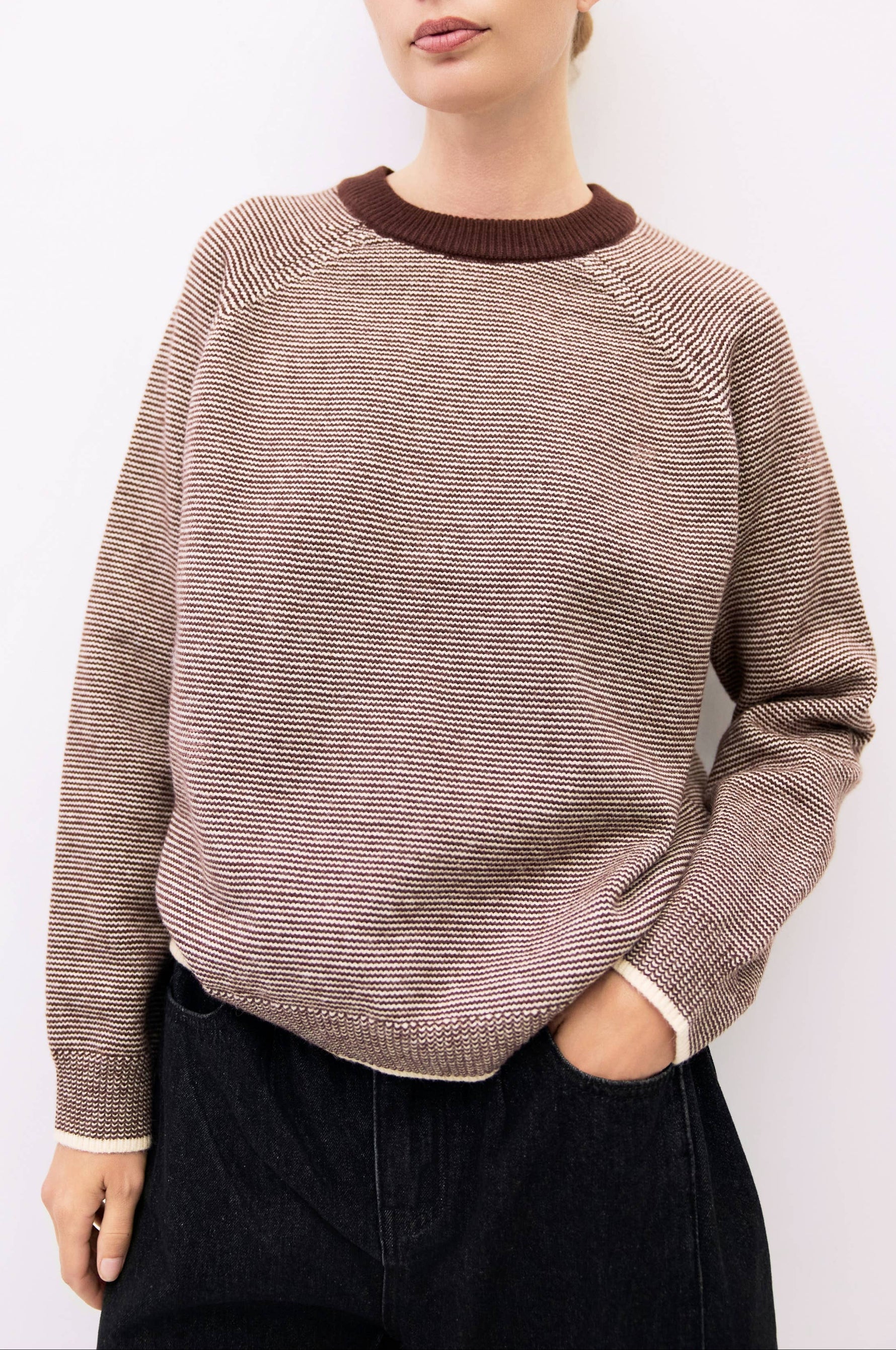 womens brown striped sweater crewneck thick brown neck boutique winter popular soft sweater boltranchstore.com