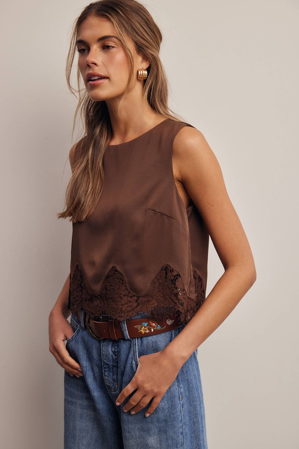 Listicle Satin Lace Hem Sleeveless Top Mocha worn with light wash denim for everyday ranch wear