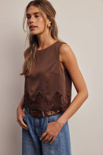 Listicle Satin Lace Hem Sleeveless Top Mocha worn with light wash denim for everyday ranch wear