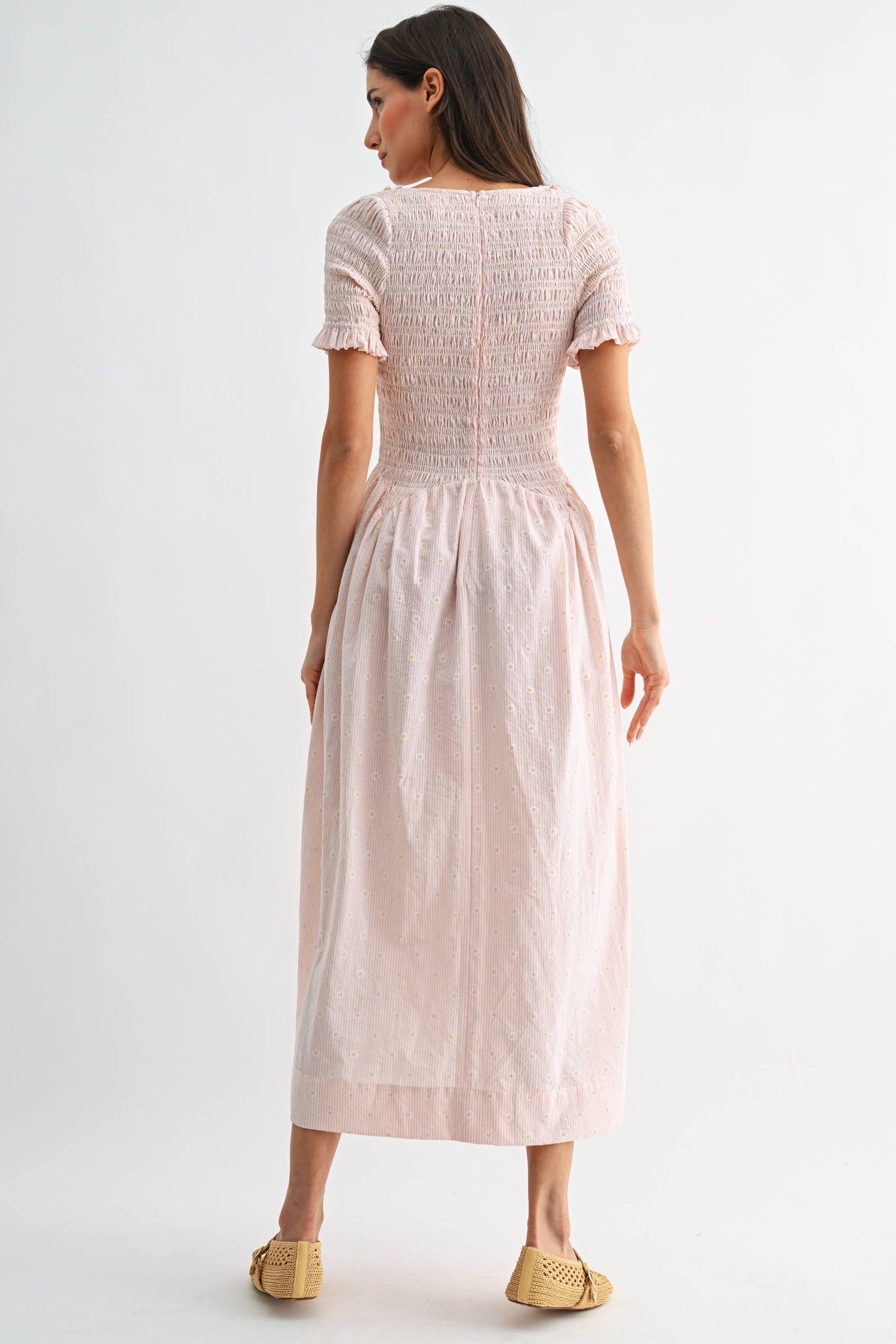 Pink Daisy Smocked Midi Dress
