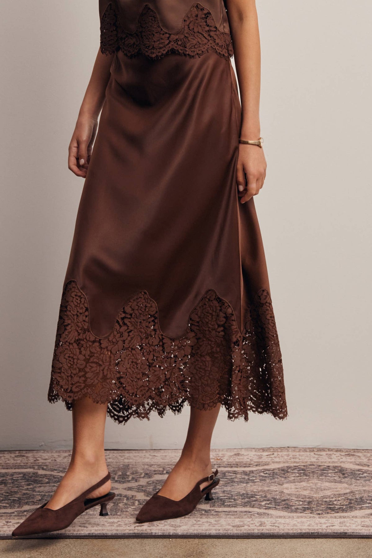 Listicle Stretch Satin Lace Trim Maxi Skirt Mocha polyester and spandex satin with comfortable stretch ranch wear