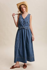 Womens fashion rodeo Utah Denim Vest Detail Maxi Dress Drift Blue SKU LD1621DFB Boltranchstore.com free shipping