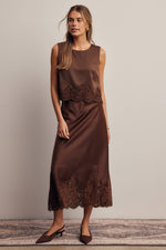 Listicle Satin Lace Hem Sleeveless Top Mocha two piece mocha set for cocktail and day party looks