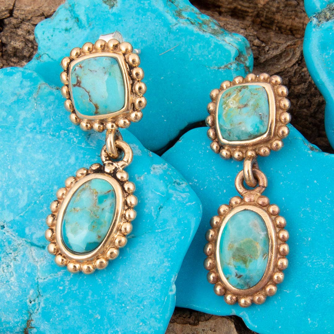 Refined Blue Turquoise Double Drop Golden Earrings