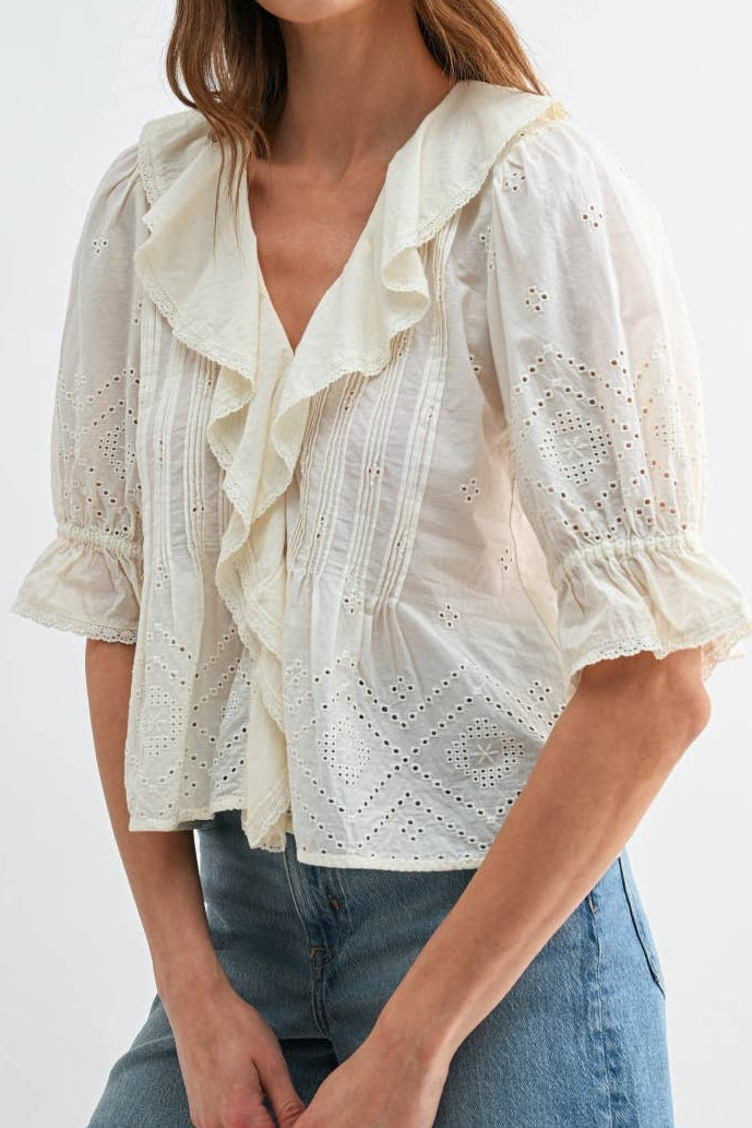 Raelynn Eyelet Ruffle Pintuck Puff Sleeve