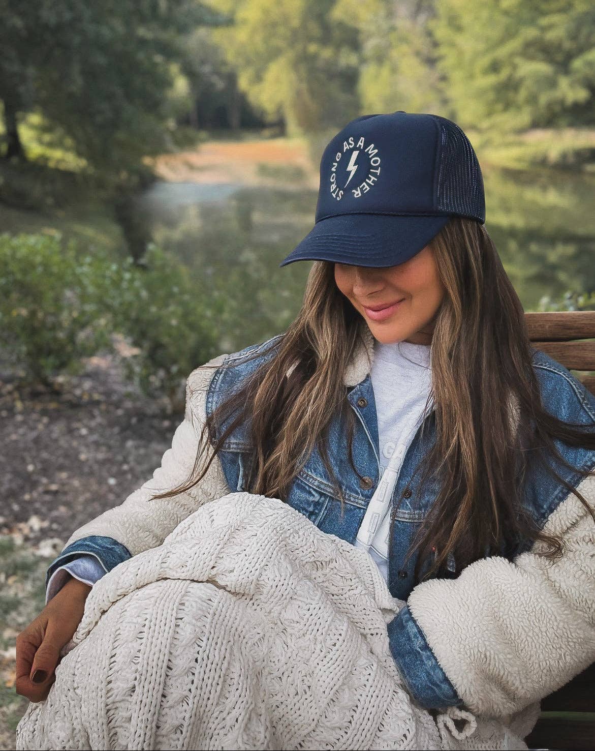 Strong As A Mother Embroidered Trucker Hat in Navy