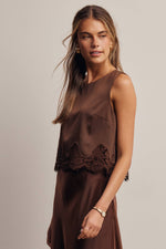 Listicle Satin Lace Hem Sleeveless Top Mocha sleeveless silhouette that layers under a blazer for evening
