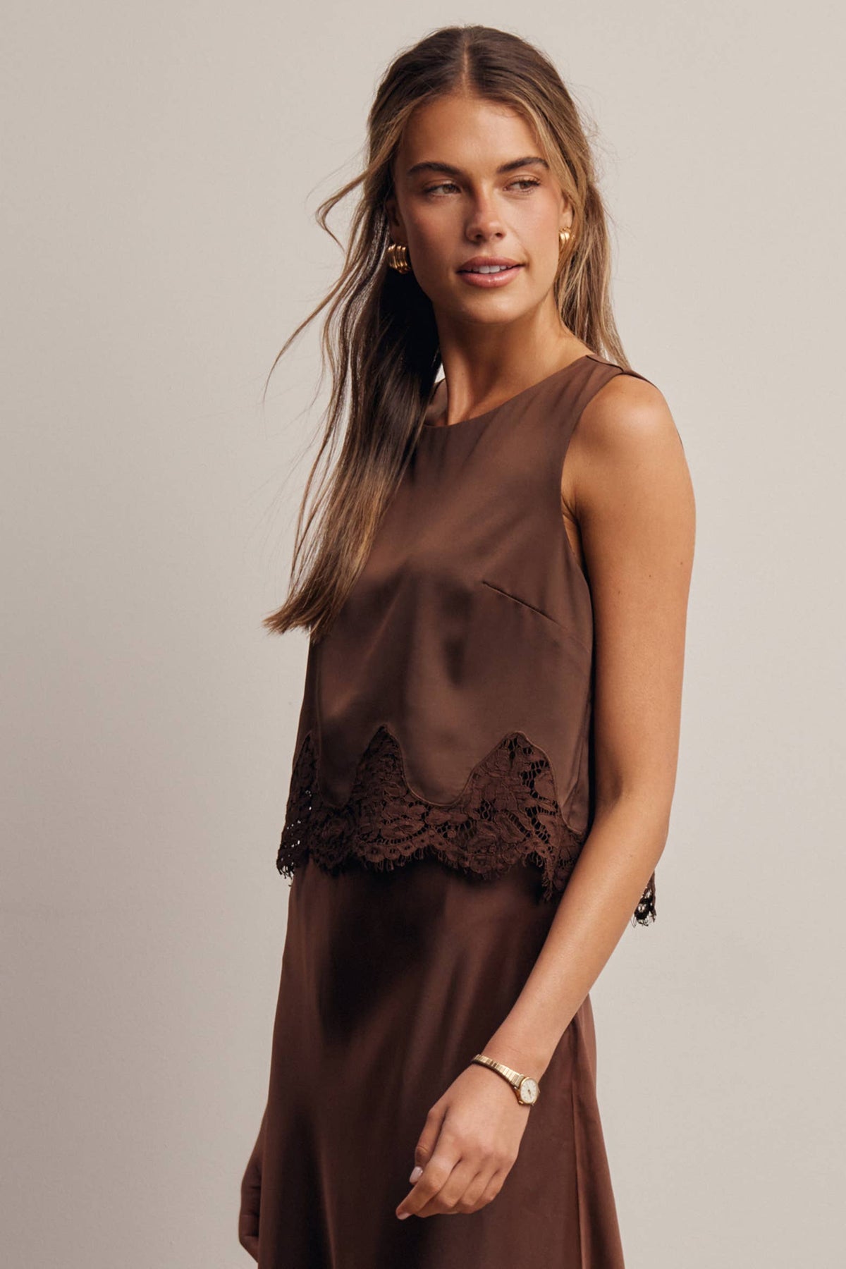 Listicle Satin Lace Hem Sleeveless Top Mocha sleeveless silhouette that layers under a blazer for evening