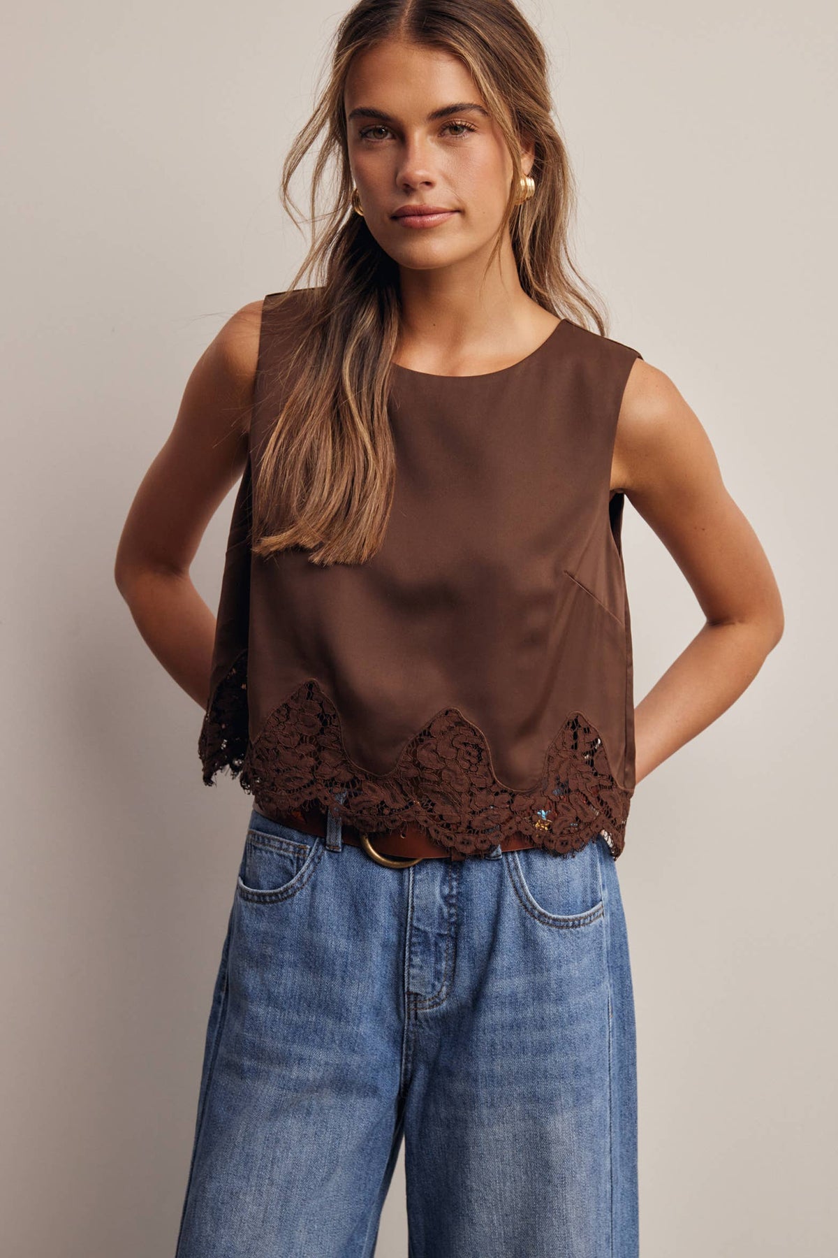 Listicle Satin Lace Hem Sleeveless Top Mocha clean round neckline that keeps the look polished