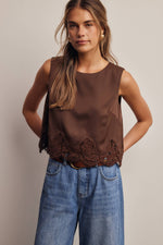 Listicle Satin Lace Hem Sleeveless Top Mocha clean round neckline that keeps the look polished