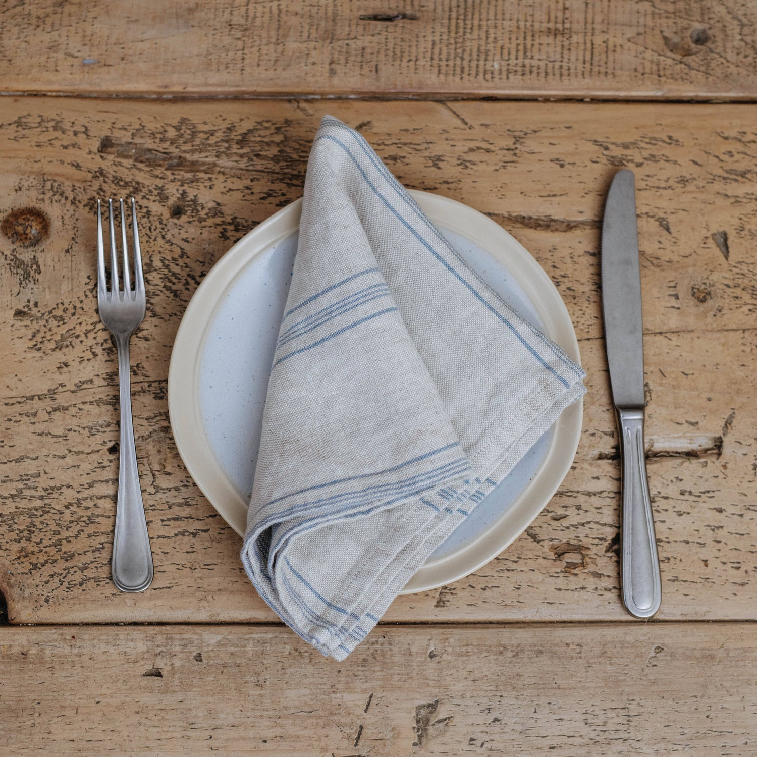 Grey Blue Wide Stripe Rustic Linen Napkins Set of 2