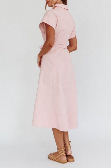 Front Button Waist Tie Midi Dress