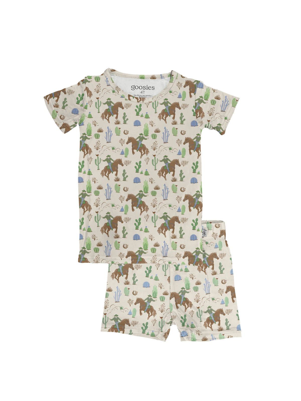 Made from luxuriously soft 95% bamboo / 5% spandex
Two-piece set
Snug fit for comfort and safety
Tagless design to prevent irritation
Breathable and stretchy for easy movement and all-night comfort
Available in many fun prints
Sizes 2T to 5T horses and cowboys and cactus pajamas two piece set with short sleeve and shorts Boltranchstore.com Goosies